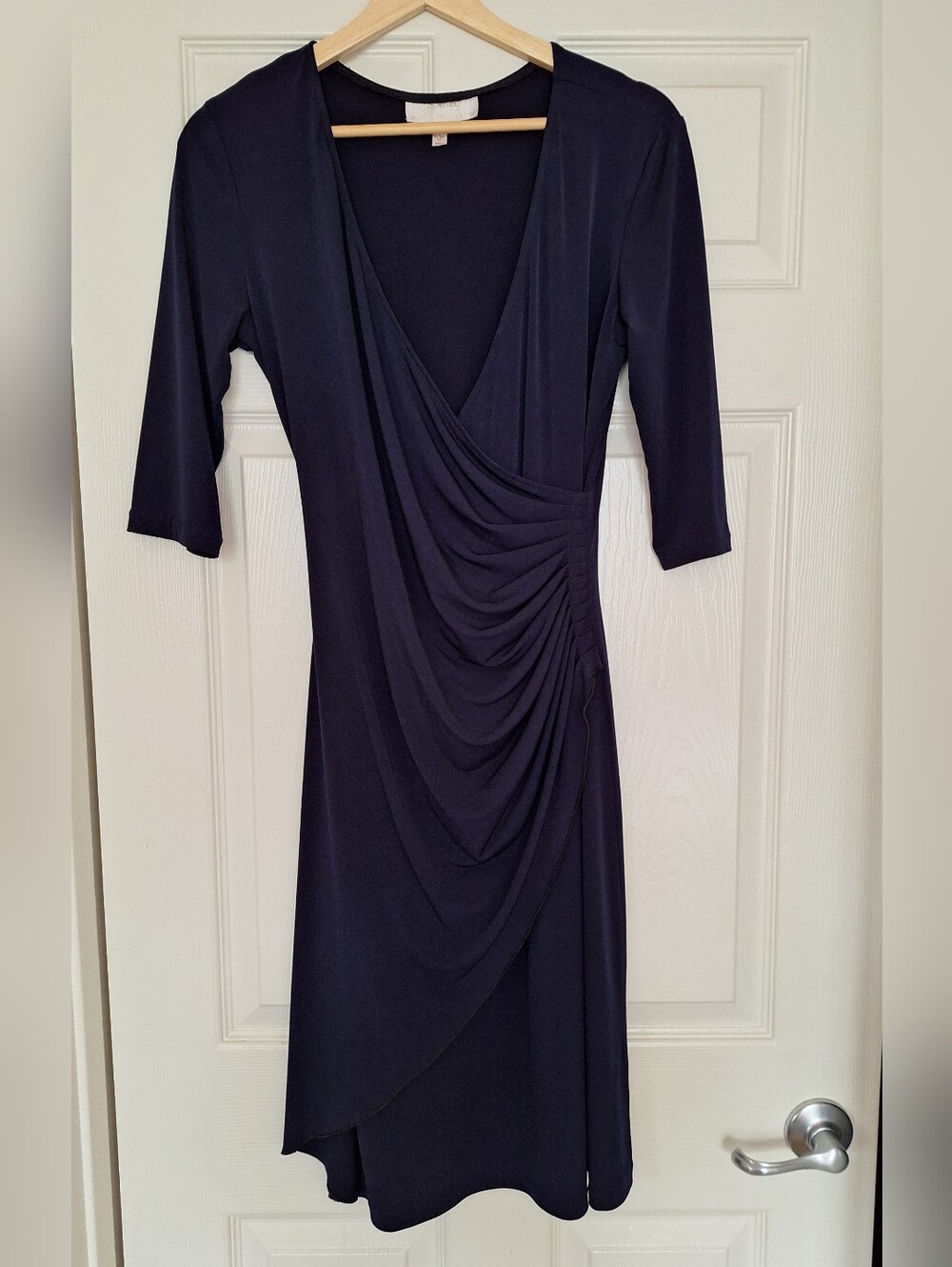 Jasmine Navy Blue Faux Wrap Ruched Dress Size M